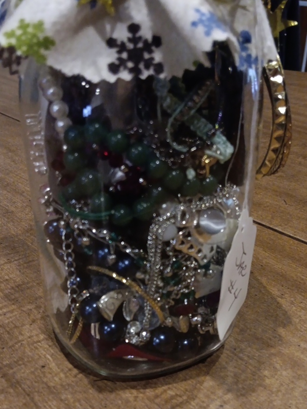 Decorative Glass Jar Filled with Mixed Jewelry - Green & Silver Accents